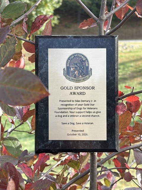 Gold Sponsor award presented to Silas Demary Jr. on October 10, 2026, recognizing his Gold Star sponsorship of Dogs for Veterans Foundation.