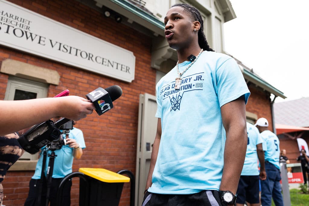 Silas Demary Jr. interviewed by NBC Connecticut outside the Stowe Visitor Center