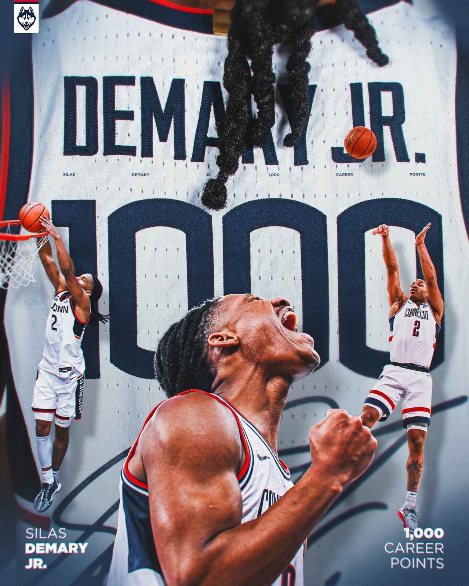 UConn graphic honoring Silas Demary Jr. for reaching 1,000 career points.