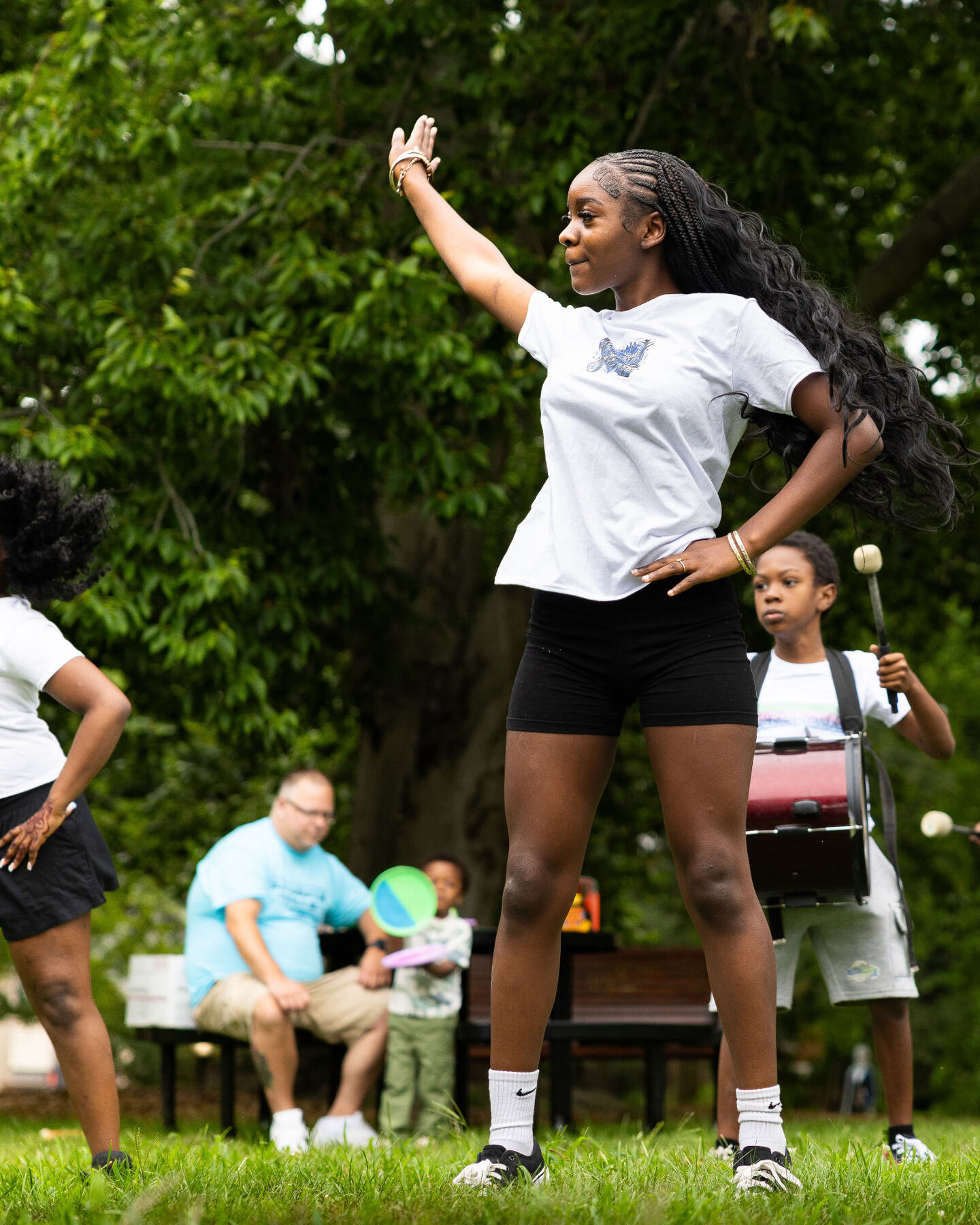 A volunteer dancing to the drumline at the Hartford bash
